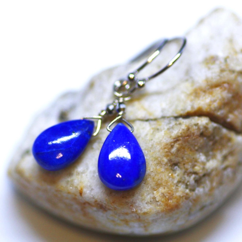 New Handmade Lapis Lazuli Earrings: 14K White Gold Briolette Drops